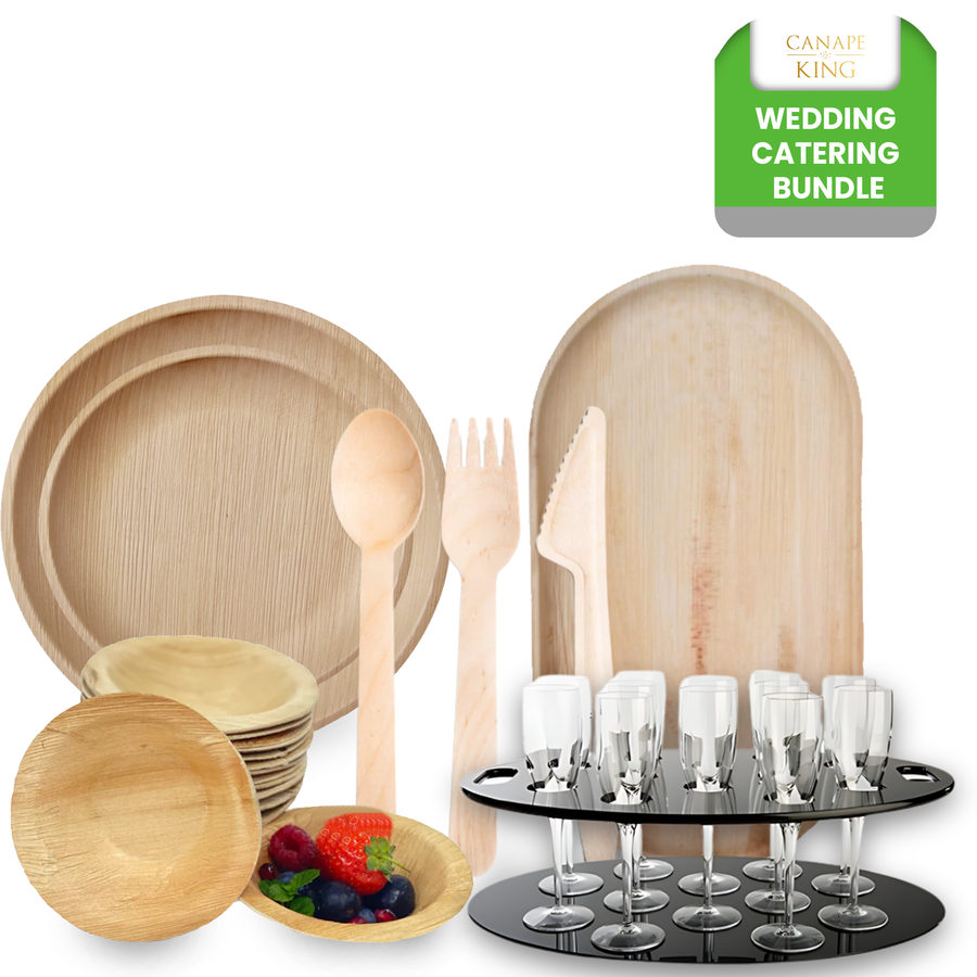 440-Piece Wedding Catering Premium Bundle | Palm Leaf Plates, Bowls, Platters, Wooden Cutlery, & Champagne Tray Set | (100 persons) - Canape King