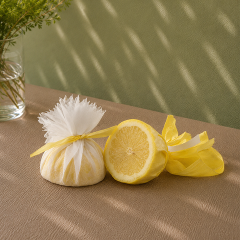Muslin White/Yellow Lemon Covers with Ribbons | Professional Food Service Covers | 100-Piece Set - Canape King