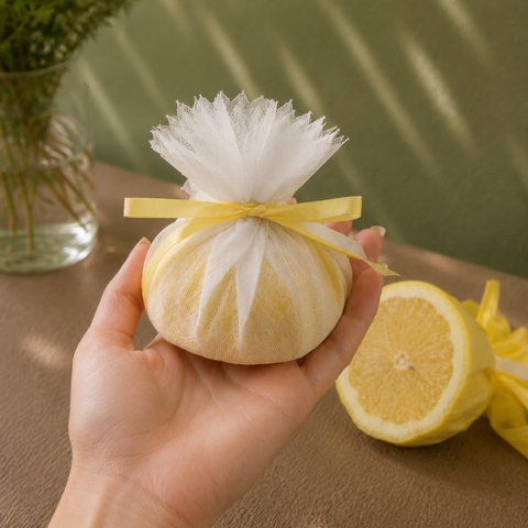 Muslin White/Yellow Lemon Covers with Ribbons | Professional Food Service Covers | 100-Piece Set - Canape King