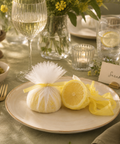 Muslin White/Yellow Lemon Covers with Ribbons | Professional Food Service Covers | 100-Piece Set - Canape King