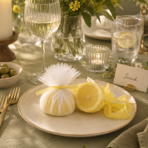 Muslin White/Yellow Lemon Covers with Ribbons | Professional Food Service Covers | 100-Piece Set - Canape King