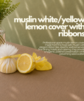 Muslin White/Yellow Lemon Covers with Ribbons | Professional Food Service Covers | 100-Piece Set - Canape King