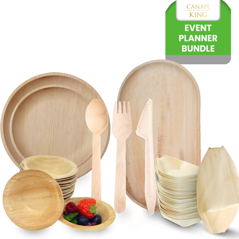470-Piece Event Planner's Essential Bundle | Palm Leaf Plates, Bowls, Platters, Cutlery & Pinewood Boats Set | (100 persons)