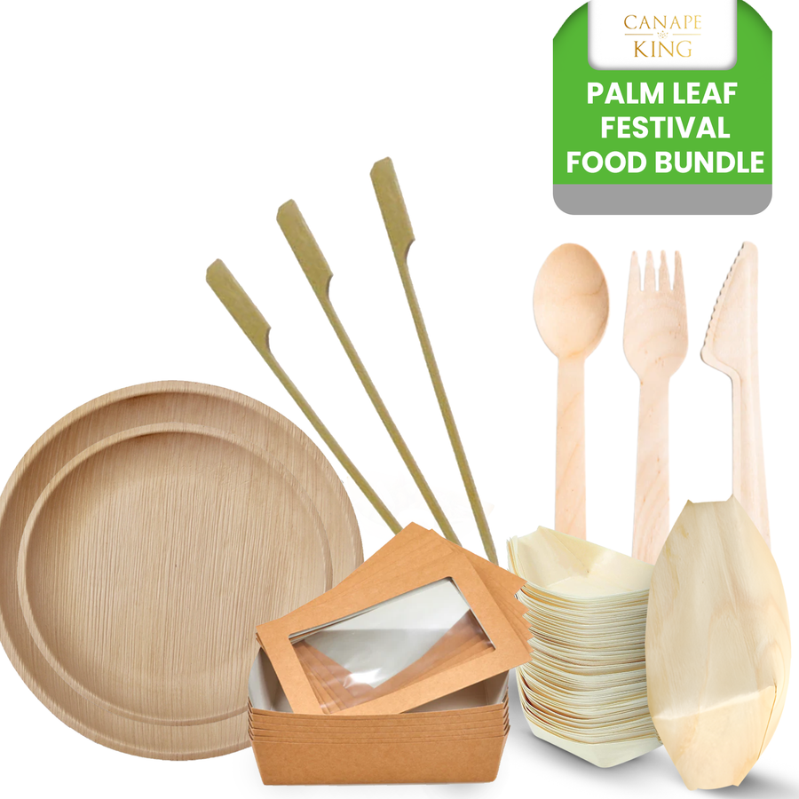 500-Piece Festival Food Bundle | Palm Leaf Plates, Wooden Forks, Bamboo Skewers, Square Takeaway Boxes & Pinewood Boats Set | (100 persons) - Canape King