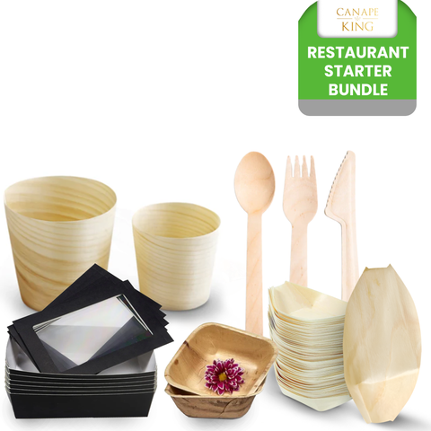 450-Piece Restaurant Starter Bundle | Palm Leaf Bowls, Wooden Cutlery, Pinewood Cups & Serving Boats Set | (100 persons)