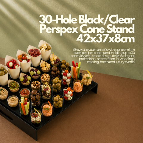 30-Hole Black/Clear Perspex Cone Stand 42x37x8cm | Professional Canapé Display | Luxury Service Tray - Canape King