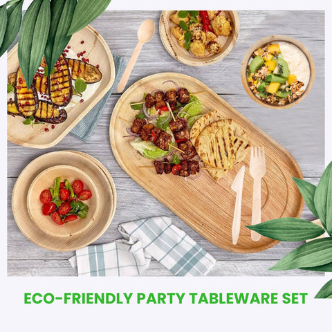 440-Piece Wedding Catering Premium Bundle | Palm Leaf Plates, Bowls, Platters, Wooden Cutlery,  & Champagne Tray Set | (100 persons)