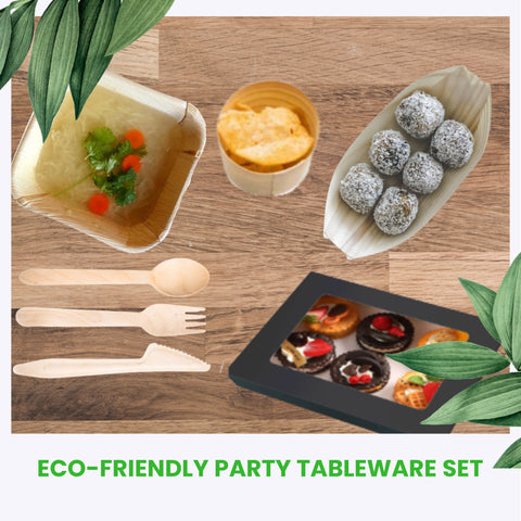 450-Piece Restaurant Starter Bundle | Palm Leaf Bowls, Wooden Cutlery, Pinewood Cups & Serving Boats Set | (100 persons)