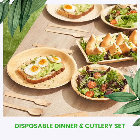 470-Piece Event Planner's Essential Bundle | Palm Leaf Plates, Bowls, Platters, Cutlery & Pinewood Boats Set | (100 persons)