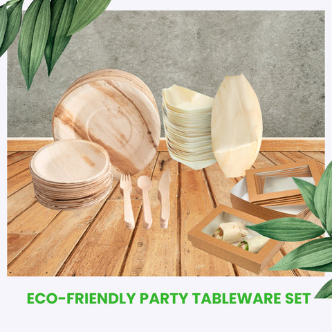 500-Piece Festival Food Bundle | Palm Leaf Plates, Wooden Forks, Bamboo Skewers, Square Takeaway Boxes & Pinewood Boats Set | (100 persons)