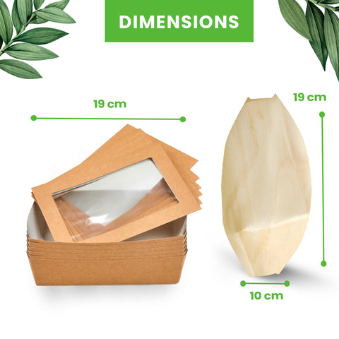 500-Piece Festival Food Bundle | Palm Leaf Plates, Wooden Forks, Bamboo Skewers, Square Takeaway Boxes & Pinewood Boats Set | (100 persons)