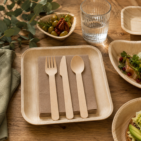 125-Piece Eco Party Bundle | Palm Leaf Plates, Cutlery & Napkins Set | Complete Party Pack - Canape King