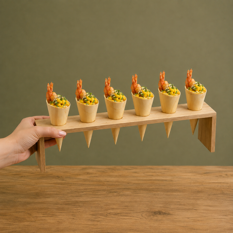 Long Wooden 6-Hole Cone Stand | Premium Food Display | Professional Serving Stand - Canape King