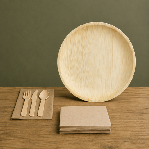125-Piece Eco Pack | Round Palm Leaf Party Bundle | 25cm Plates, Cutlery & Napkins Set - Canape King