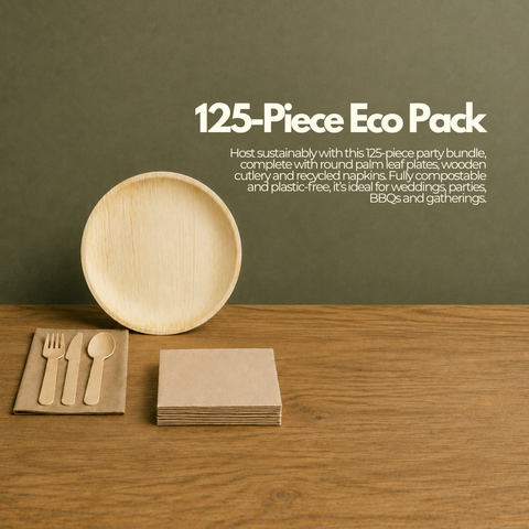 125-Piece Eco Pack | Round Palm Leaf Party Bundle | 25cm Plates, Cutlery & Napkins Set