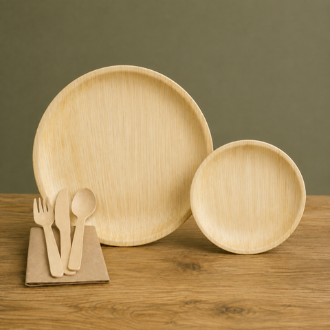 150-Piece Eco Pack | Round Palm Leaf Party Bundle | 25cm Plates, Cutlery & Napkins Set - Canape King
