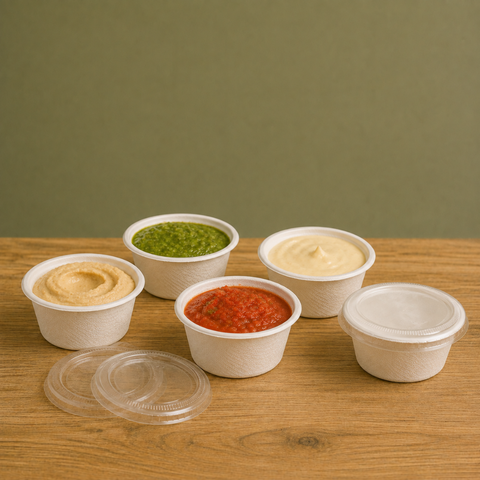 2oz/4oz White Bagasse Pots with Lids | Eco-Friendly Food Containers | Sustainable Take-Away Pots - Canape King