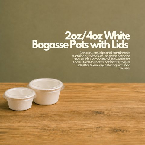 2oz/4oz White Bagasse Pots with Lids | Eco-Friendly Food Containers | Sustainable Take-Away Pots - Canape King