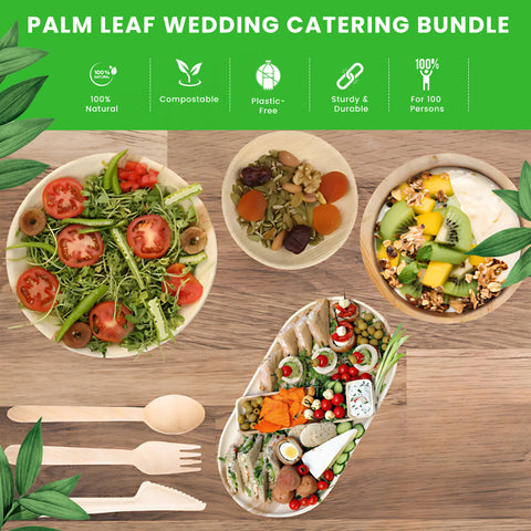 440-Piece Wedding Catering Premium Bundle | Palm Leaf Plates, Bowls, Platters, Wooden Cutlery,  & Champagne Tray Set | (100 persons)