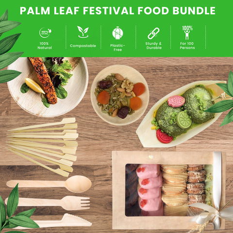 500-Piece Festival Food Bundle | Palm Leaf Plates, Wooden Forks, Bamboo Skewers, Square Takeaway Boxes & Pinewood Boats Set | (100 persons)