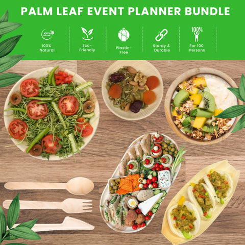 470-Piece Event Planner's Essential Bundle | Palm Leaf Plates, Bowls, Platters, Cutlery & Pinewood Boats Set | (100 persons)