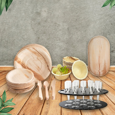 440-Piece Wedding Catering Premium Bundle | Palm Leaf Plates, Bowls, Platters, Wooden Cutlery,  & Champagne Tray Set | (100 persons)