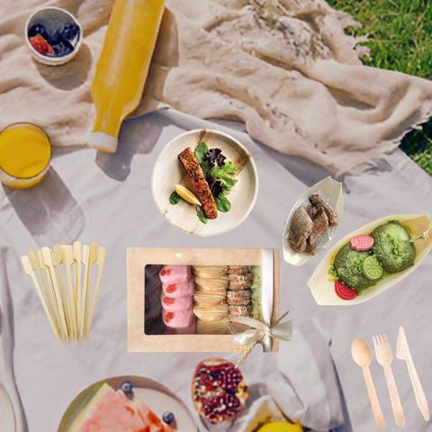 500-Piece Festival Food Bundle | Palm Leaf Plates, Wooden Forks, Bamboo Skewers, Square Takeaway Boxes & Pinewood Boats Set | (100 persons)