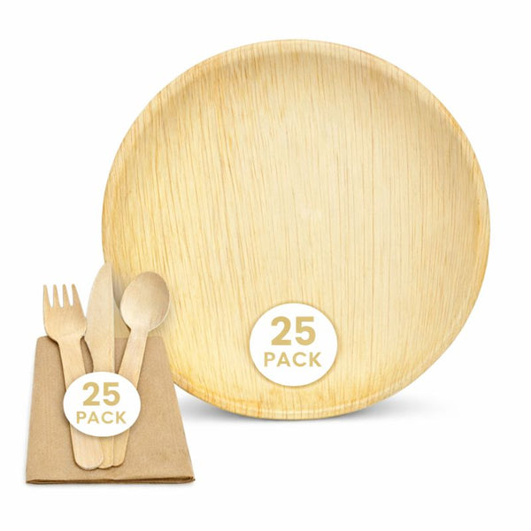125-Piece Eco Pack | Round Palm Leaf Party Bundle | 25cm Plates, Cutlery & Napkins Set - Canape King