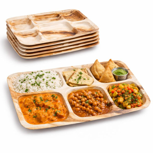 Rectangular Palm Leaf Thali Plates | Eco-Friendly Indian-Style Compartment Plates | Premium Dining - Canape King