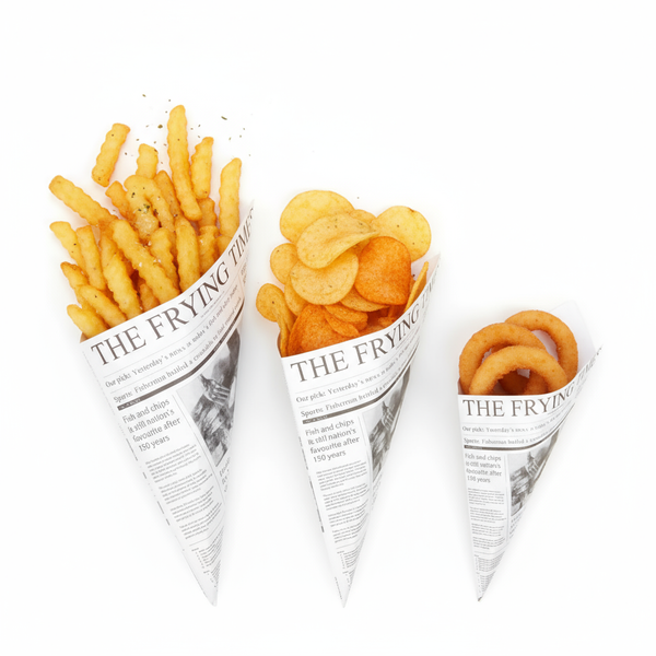 Eco-Friendly Newspaper Printed Paper Cones | Food Service Presentation | 3 Sizes - Canape King