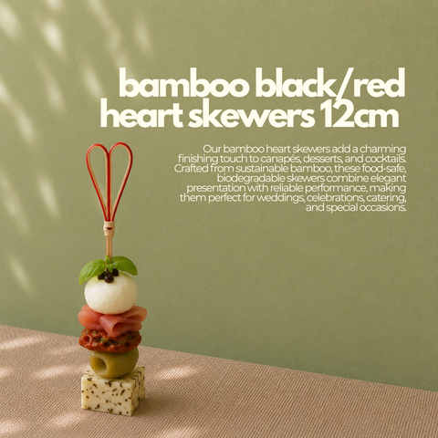 Bamboo Black/Red Heart Skewers 12cm | Decorative Food Picks | Romantic Party Skewers - Canape King